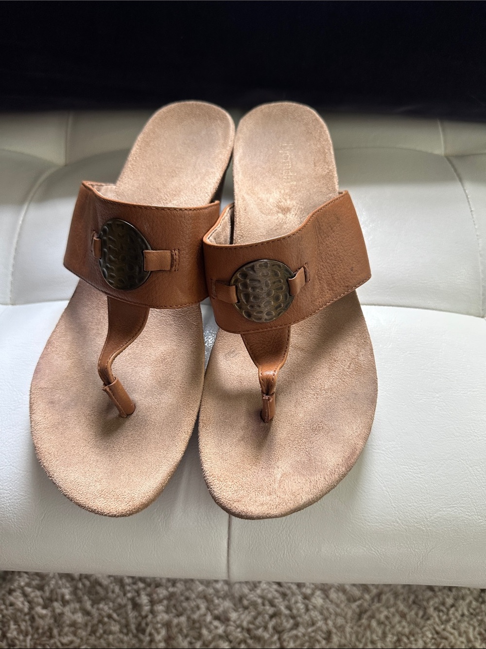 Bjorndal Marcie Tan Leather Slide Toe-Post Sandals with Bronze Medallions